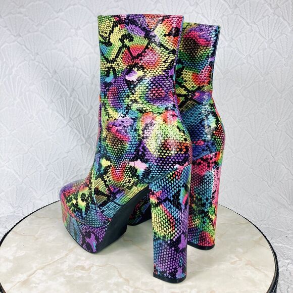 Liliana Platform Boots Womens Size 7 Rainbow Snakeskin Print Disco Zip Up Heels - Picture 7 of 14